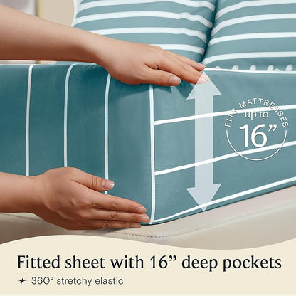 LuxClub Striped Sheets, 3 PC Striped Bed Sheets Twin Size, Deep Pockets 18" Eco Friendly Wrinkle Free-Kids-Fitted Sheets Machine Washable Hotel Bedding (Twin, Light Blue)