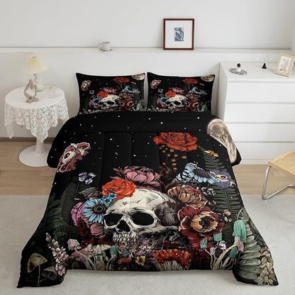 Erosebridal Sugar Skull Bedding Set,Botanical Flower Comforter Set for Kids Boys Girls Home Decor,Starry Sky Duvet Set Trippy Galaxy,Halloween Gothic Down Comforter Soft Lightweight 3Pcs,Full Size