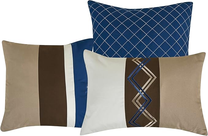 Chezmoi Collection Arden 7-Piece Modern Pleated Stripe Embroidered Zigzag Bedding Comforter Set (King, Coffee/Brown/Navy/White)