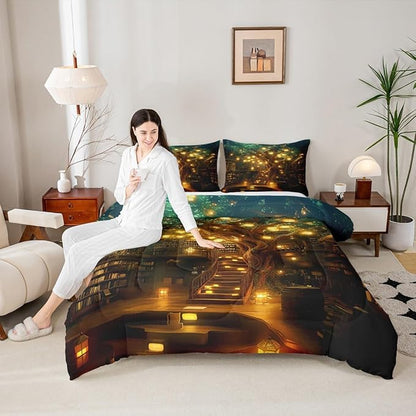 Castle Fairy Magical Mysterious Style Kids Comforter Set,Modern Building Trees Down Alternative Adults Bedroom Decor,Bookshelf Bookcase Ultra Soft Microfiber Inner Fill 3Pcs Bedding Queen Size