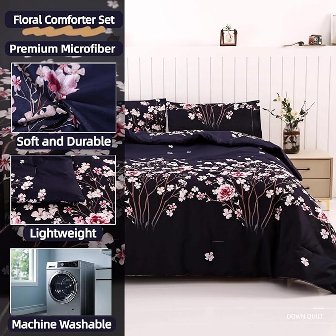 SDIII Navy Blue Floral Comforter Set Full 3 Pieces, Soft Microfiber Lightweight Floral Bedding Full, Flower Full Size Comforter Set for All Season
