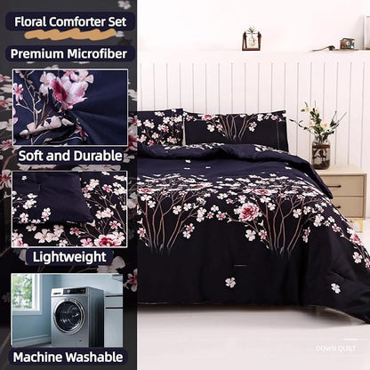 SDIII Navy Blue Floral Comforter Set Full 3 Pieces, Soft Microfiber Lightweight Floral Bedding Full, Flower Full Size Comforter Set for All Season