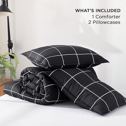 Andency Black Grid Comforter Set Queen(90x90Inch), 3 Pieces (1 Plaid Comforter and 2 Pillowcases) Black Plaid Comforter Set, Lightweight Polyester Gingham Geometric Comforter Bedding Set