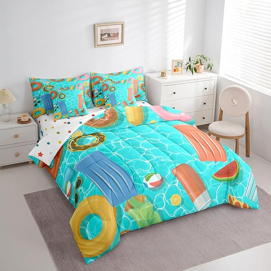 7 Pcs Swimming Pool Bedding Sets Cartoon Colorful Swimming Rings Comforter Set for Kids Teens Adults All Season (Comforter Flat Sheet Fitted Sheet 2 Pillowcases 2 Throw Pillow Covers) Queen