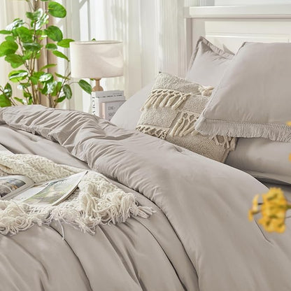 Andency Queen Comforter Set with Sheets Heather Grey - 7 Pieces Boho Tassel Bed in a Bag Soft Lightweight Bedding Sets, Fringe Bed Set with Comforter, Sheets, Pillowcases & Shams