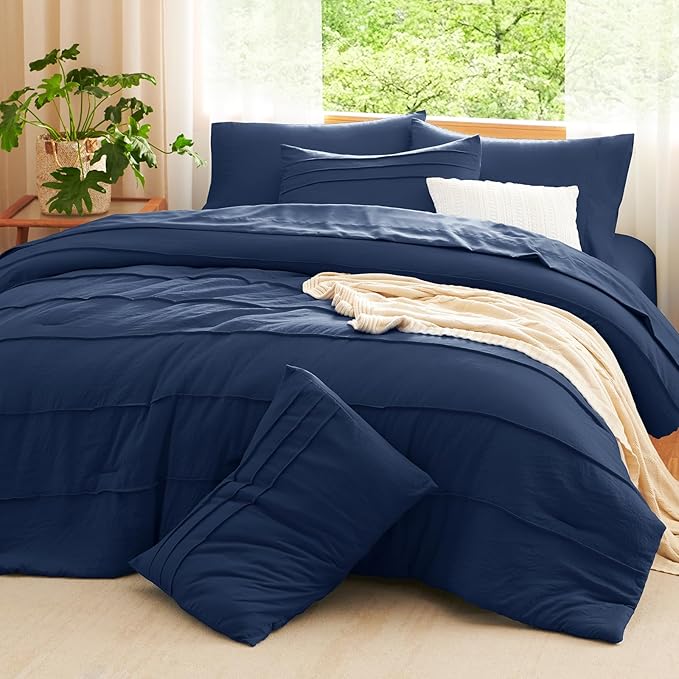 CozyLux King Size Comforter Set Navy Blue, 7 Pieces Soft Pinch Pleat Bed in a Bag King Comforter Set with Sheets, Boho Bed Set with Down Alternative Comforter, Sheets, Pillowcases & Shams