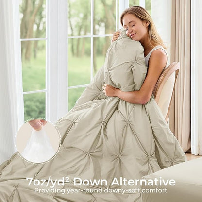 Sasttie King Size Comforter Set, 7-Piece Bed in a Bag, Pintuck Bedding Set for All Season, Includes Comforter, Flat Sheet, Fitted Sheet, Pillowcases and Pillowshams, Linen