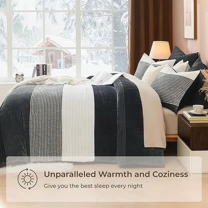 Litanika Fluffy Fleece Twin Comforter Set, Luxury Soft Plush Fuzzy Grey White Stripe Bedding Comforter Sets, Warm Shaggy Faux Fur Bed Set All Season (1 Comforter, 1 Pillowcase)