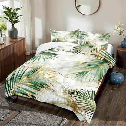 Green Palm Leaf Comforter King Tropical Palm Leaves Comforter Sets Chic Botanical Leaf on White Gold Marble Comforter Set Aesthetic Art Bed Comforter with 2 Pillowcases