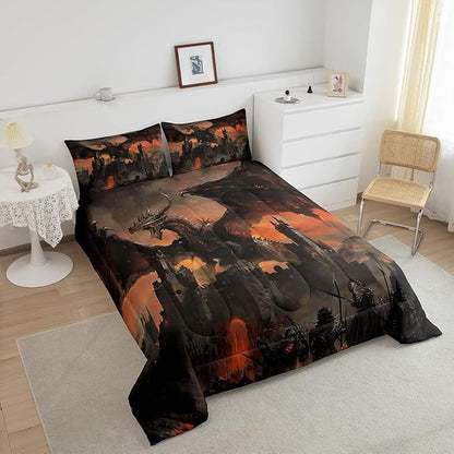 3D Dragon Comforter Set Queen Size,Vintage Old Castle Bedding Set for Kids Boys Girls Room Decor,Fire Dragon Wildlife Theme Duvet Insert 3Pcs,Grey Red Retro Microfiber Soft Quilt Set,2 Pillowcases