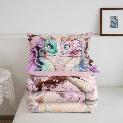 Western Dragon Couple Comforter Set for Kids Japanese Cherry Blossom Bedding Sets All Season Pastel Girly Pink Castle Quilt Set Bedroom Decor Dreamy Fairy Tale Down Comforter,3Pcs Full Size