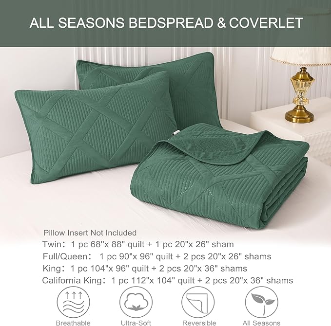 Exclusivo Mezcla King Quilt Set- Green Quilts Bedding Set with 2 Pillow Shams, Modern King Bedspread with Striped Pattern, Soft Lightweight Bedspreads Coverlets for All Seasons