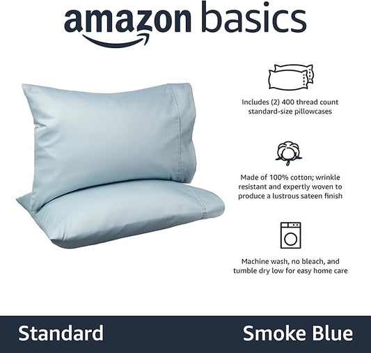 Amazon Basics 400 Thread Count Cotton Pillow Case, Standard, Set of 2, 30" L x 20" W, Smoke Blue