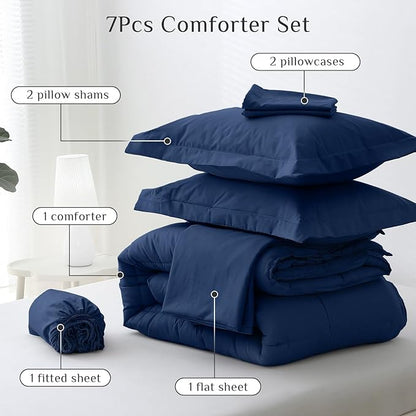 JOLLYVOGUE King Comforter Set, Ultra-Soft Bed in a Bag King Size 7 Pieces, Oeko-TEX Certified Bedding Set with Down Alternative Comforter, Sheets, Pillowcases & Shams, Navy
