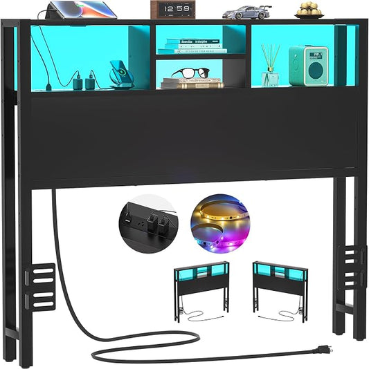 Aheaplus Headboard for Twin Size Bed with Storage, Headboards with Outlets | Twin Size Head Board Only, with USB Ports and LED Light, Height Adjustable, Reversible, Sturdy and Stable Headboard, Black