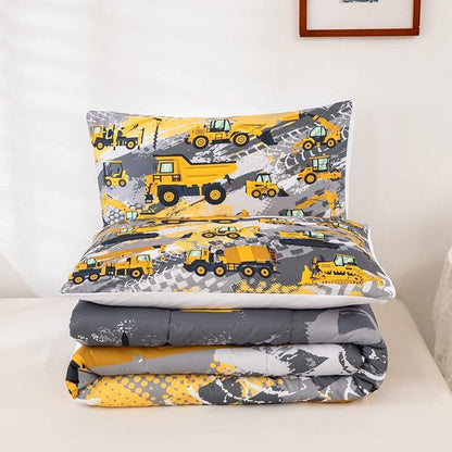 Feelyou Boys Construction Bedding Set Full Size Comforter for Kids Tractor Trucks Comforter Set Toddler Room Decor Car Bed Cartoon Excavator Quilted with 2 Pillow Cases