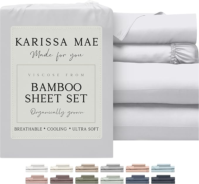 KARISSA MAE Cooling Bamboo Viscose Queen Sheet Set | 100% FSC Certified | 18” Deep Pocket | Silky, Soft, & Hypoallergenic | with Organizer Band & Elastic Corner Straps [White]