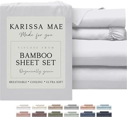 KARISSA MAE Cooling Bamboo Viscose Queen Sheet Set | 100% FSC Certified | 18” Deep Pocket | Silky, Soft, & Hypoallergenic | with Organizer Band & Elastic Corner Straps [White]