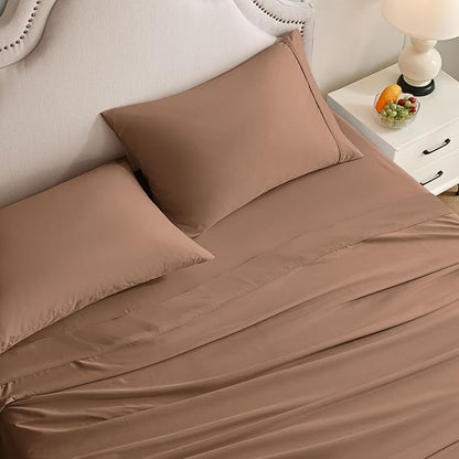 Full Size Bed Sheets Set, 4 Pieces Hotel Luxury Soft Microfiber Bed Sheets Set, Up to 16" Deep Pockets, Oeko-Tex Sheets with Elastic, Breathable, Wrinkle Free (Brown,Full)