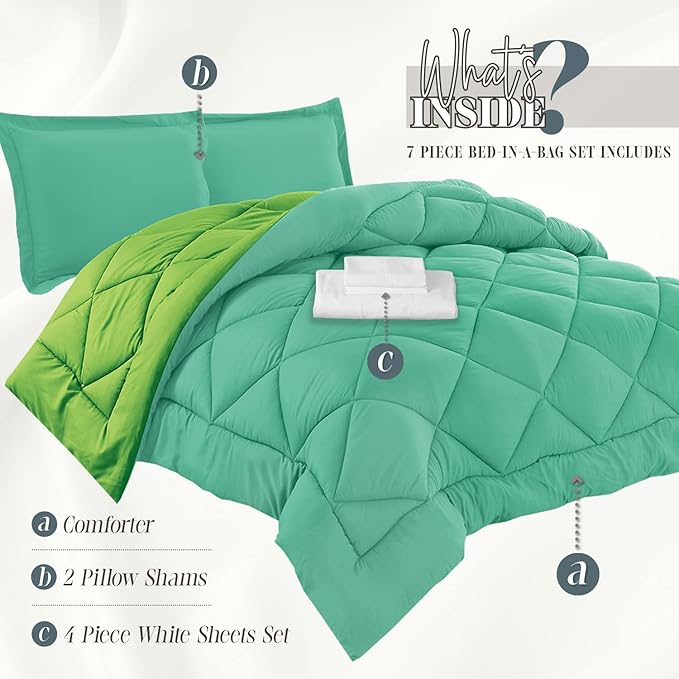 Elegant Comfort 7-Piece Bed-in-a-Bag Comforter & Sheet Set - Luxury 1500 Thread Count Split King Size, Cozy Sheets and Comforter, Wrinkle and Stain Resistant, Aqua/Lime