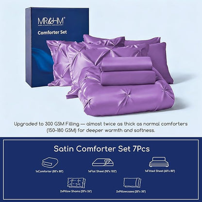 MR&HM Satin Comforter Queen 7 Pieces - Luxurious Pinch Pleat Bedding Set with Comforter, Flat Sheet, Fitted Sheet, Pillowcases & Shams, Super Silky Soft Bed Set for All Season (Queen, Lavender)