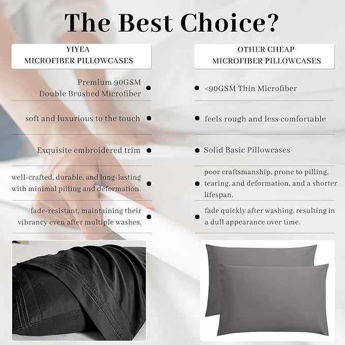 YIYEA Pillow Cases Queen Size Set of 4, Ultra Soft 1800TC Hotel Quality Double Brushed Microfiber Embroidered Pillowcases, Envelope Closure, Fade Resistant (20"x30", Black)