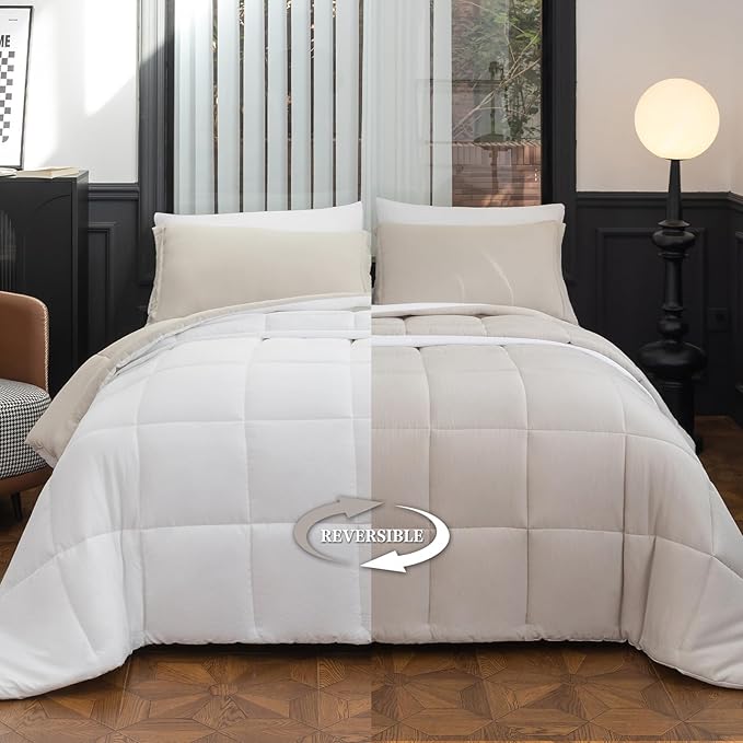 King Size Comforter Set - 8-Piece White Bedding with Breathable Reversible Down Lightweight Comforter, Bed Skirt, Flat Sheets, Pillowcases & Pillow Shams
