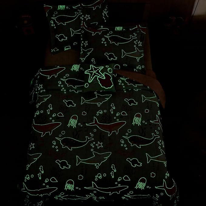 Full Size Comforter Set for Girls-4 Pieces Ocean Animals Glow in the Dark Full Bedding Sets for Kids, 1 Comforter, 2 Shams and 1 Decor Pillow
