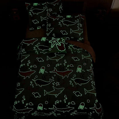 Full Size Comforter Set for Girls-4 Pieces Ocean Animals Glow in the Dark Full Bedding Sets for Kids, 1 Comforter, 2 Shams and 1 Decor Pillow