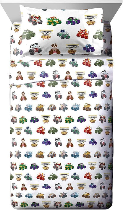 Jay Franco Kids Sheet Set with Fitted, Flat Sheets & Pillow Cover - Ultra-Soft Bedding with Pillowcase for Room Decor, White - Monster Jam, 3 Piece Toddler