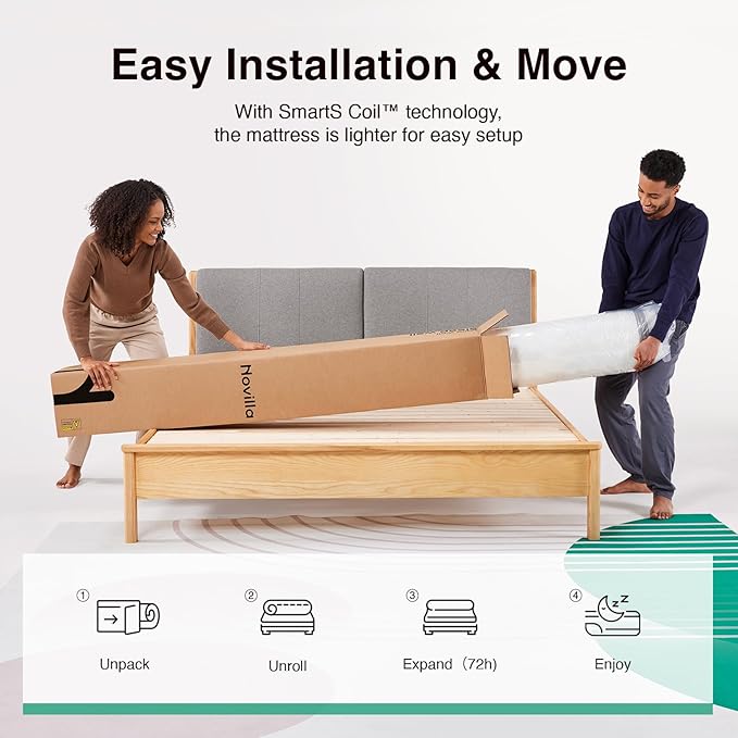 Novilla 12 Inch Queen Size Mattress in a Box, Hypoallergenic & Back Pain Relief, Hybrid Queen Mattresses with Smarts Coils, Fiberglass Free CertiPUR-US Certified Colchones No Box Spring Needed