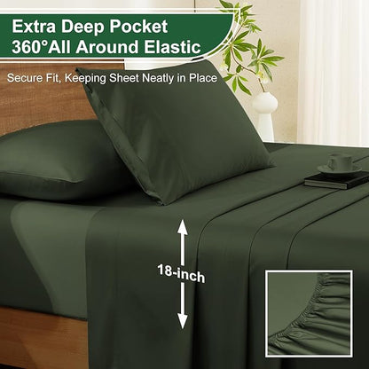 Ivellow 100% Egyptian Cotton Sheets Queen Size Set - 1200 Thread Count 6 PC 18" Deep Pocket Queen Size Bed Sheet Set，Luxury Soft Breathable Dark Green Cooling Sheet Sets Durable Hotel Quality Bedding