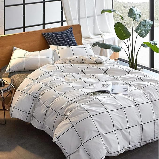 CLOTHKNOW White Plaid Full Size Comforter Set 3Pcs Grid Bedding Comforter Sets Soft Checker White Black Comforter with 2 x Pillow Cases