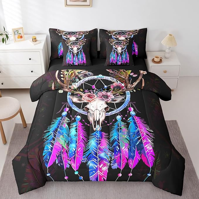 Erosebridal Bull Skull 7 Piece Comforter Set Full Bed in a Bag,Dream Catchers Bedding Sets Bohemian Dreamcatcher Feather Sheet Set with Comforter