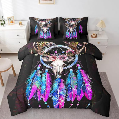 Erosebridal Bull Skull Bed in a Bag Queen Comforter Set 7 Piece,Dream Catchers Bedding Sets Bohemian Dreamcatcher Feather Sheet Set with Comforter