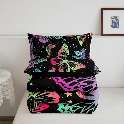 Erosebridal Butterfly Comforter Set King Starry Sky Galaxy Colorful Ombre Butterflies Bedding Sets for Kids Girls Teens Women Cartoon Bedding Comforters & Sets Room Decor with 2 Pillow Cases