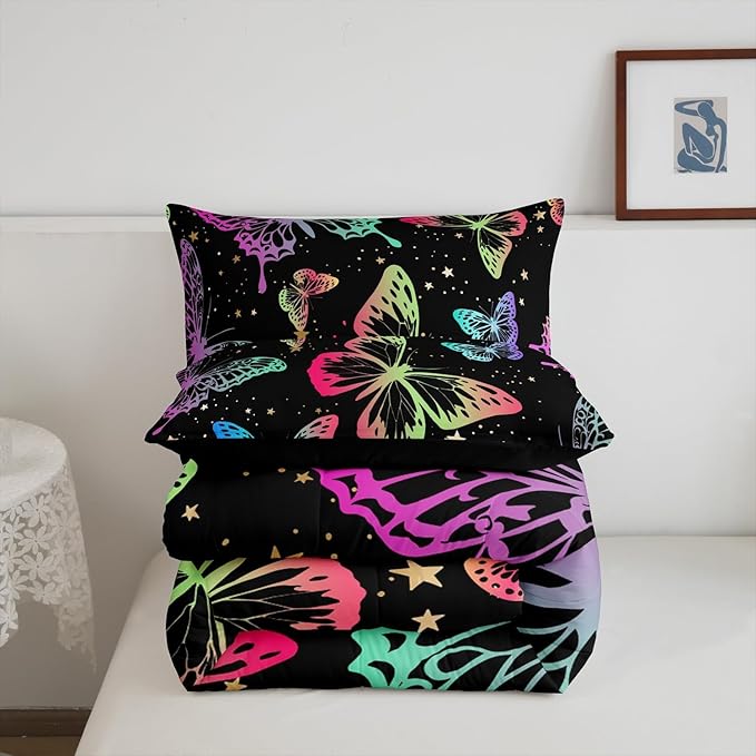 Erosebridal Butterfly Comforter Set Queen Starry Sky Galaxy Colorful Ombre Butterflies Bedding Sets for Kids Girls Teens Women Cartoon Bedding Comforters & Sets Room Decor with 2 Pillow Cases