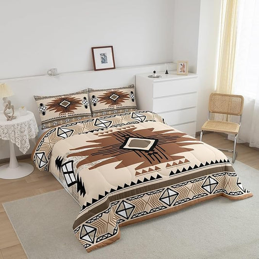Feelyou Boho Comforter Set Twin Size Southwest Native American Design Comforter Southwestern Geometric Bedding Set Western Decor Duvet Set Room Decor Beige Brown Quilt Set