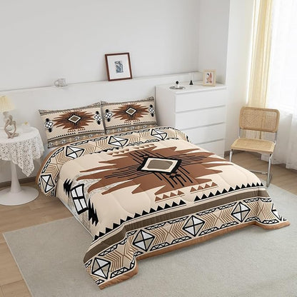 Feelyou Boho Comforter Set Toddler Size Southwest Native American Design Comforter Southwestern Geometric Bedding Set Western Decor Duvet Set Beige Brown Quilt Set