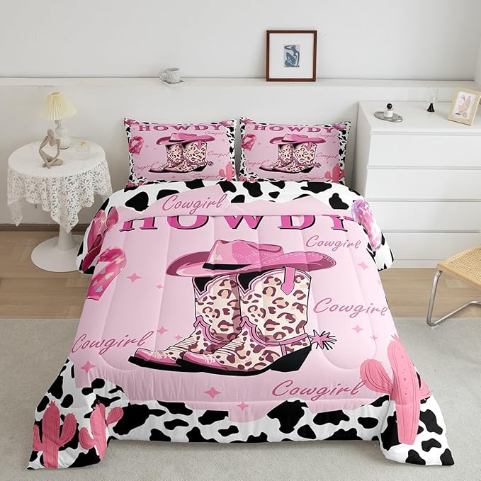 Castle Fairy Pink Cowgirl Bedding Set Twin Size Milk Cow Print Comforter Set for Girls Room Decor Modern Leopard Cowboy Boots Down Comforter Desert Cactus Quilt Set with 1 Pillowcase