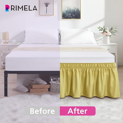RIMELA Bed Skirt Queen Size Gold Green 15 Inch Drop, Wrap Around Elastic Bedskirt, Dust Ruffle for Adjustable Bed Base Soft Durable Fabric Machine Washable Easy to Install Bed Skirts