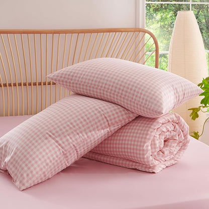 Nayoroom Gingham Comforter Set Full Size Pink Plaid Checkered Dorm Bedding Set Girls 3 Pieces Soft Lightweight Farmhouse Grid Comforter for All Seasons (1 Comforter, 2 Pillowcases)