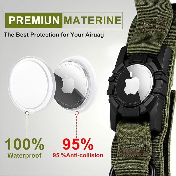 Tactical AirTag Dog Collar Leash Set - Heavy Duty, Adjustable GPS Collar | Compatible with Apple AirTag, with Holder & Control Handle for Medium/Large Dogs [Green, XL]