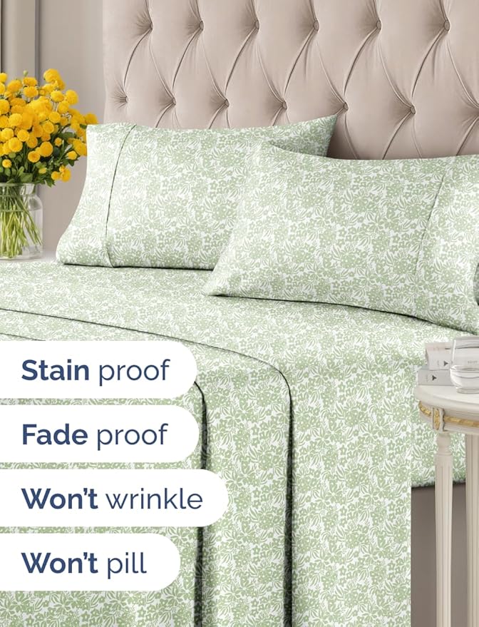 Floral Sheets - Green Flower Bed Sheet Set - 1 Flat, 1 Fitted & 1 Pillowcase w/ Deep Pockets - Comfy, Cozy, Wrinkle & Fade Free - Boho Botanical Bedding - Soft, Breathable & Cooling - Twin XL Size Set