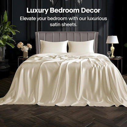 BEDELITE Satin Sheets Twin Size Bed Set, Luxury Soft Beige Silky Sheets for Hair and Skin, Similar to Silk Bed Sheets Set 3 Pieces with 1 Deep Pocket Fitted Sheet, 1 Flat Sheet, and 1 Pillowcase