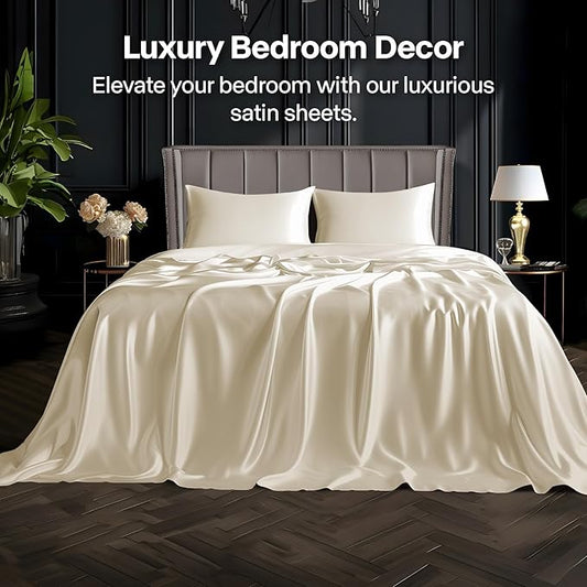 BEDELITE Satin Sheets Twin Size Bed Set, Luxury Soft Beige Silky Sheets for Hair and Skin, Similar to Silk Bed Sheets Set 3 Pieces with 1 Deep Pocket Fitted Sheet, 1 Flat Sheet, and 1 Pillowcase