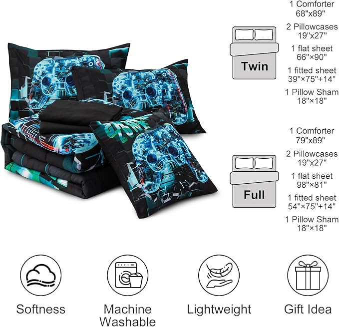 Aimuan Gamer Gaming Bedding Sets 3D Gamepad Comforter Sets for Boys Games Console Action Buttons Novelty Colorful Game Controller Modern Room Decor Home Quilt Set (Cyan, Full 6PCS)