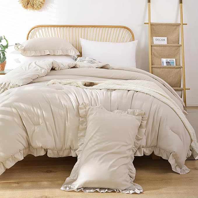 JANZAA Queen Size Comforter Beige Ruffle Comforter Set for Queen Bed 3PCS (1 Off White Comforter and 2 Pillowcases) Vintage Shabby Chic Bedding Soft Fluffy Bed Set for All Season