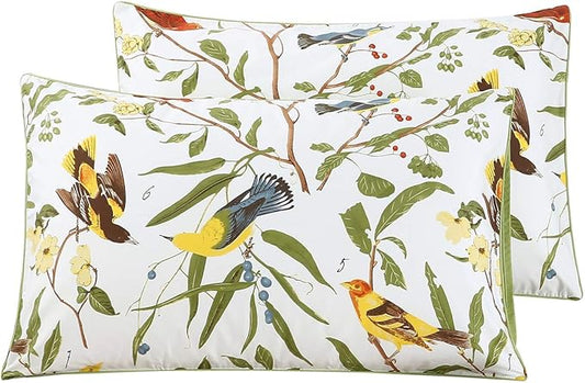 WINLIFE 100% Cotton Pillowcases Queen 2 Pillow Cases Decorative Farmhouse Green Leaves Birds Printed Pillow Cover Set of 2 (Queen 20x30'', Birds)