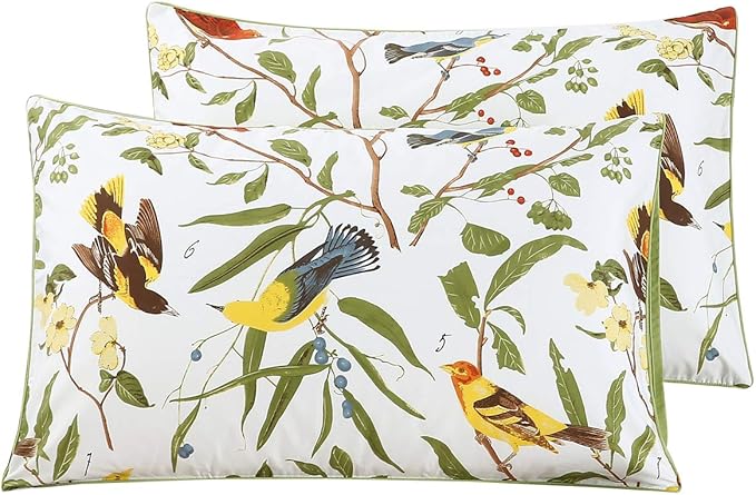 WINLIFE 100% Cotton Pillowcases King 2 Pillow Cases Decorative Farmhouse Green Leaves Birds Printed Pillow Cover Set of 2 (King 20x36'', Birds)